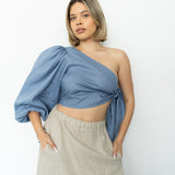 The Daia Linen Crop Top - Dusty Blue